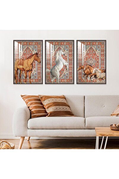 SND ثلاث لوحات جدارية خشبية بتصميم حصان مع برواز خشبي شامبين و طبقة من الاكريلك الشفاف