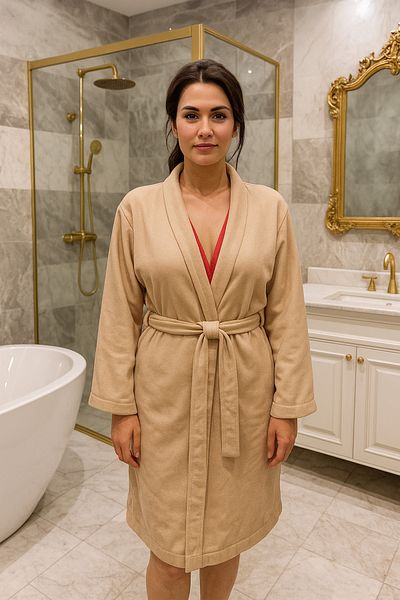 LaraLisa Collection Hooded Pocket Waist Belted 100% Cotton Beige Inside Fuchsia Bath Robe