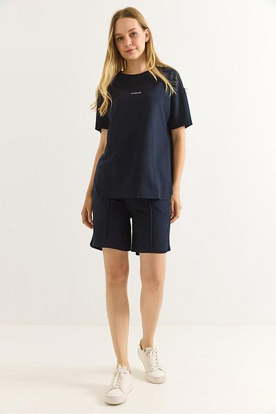 Raneel Kazançlı Alışveriş Printed Soft Textured Shorts Double Tracksuit Set Navy Blue