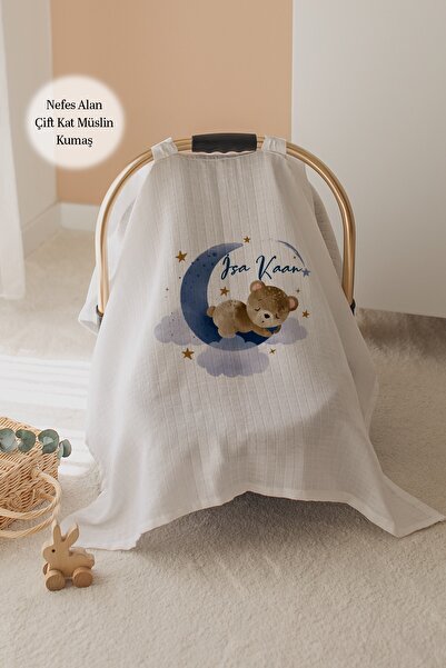 Lilabio %100 Pamuk İsme Özel Çift Katlı Müslin Puset Örtüsü - Ayıcık