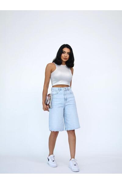 Zeo Basic KADIN MİDİ BOY BUZ MAVİ LİKRALI JEAN ŞORT