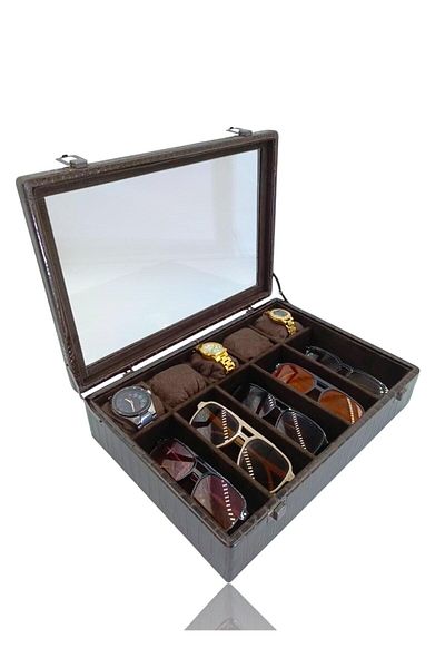 DİJİTAL ÇARŞI MAĞAZACILIK Diji 5 Glasses 5 Watch Box Watch and Glasses Bag Crocodile Coffee Inside Coffee Coffee Padded