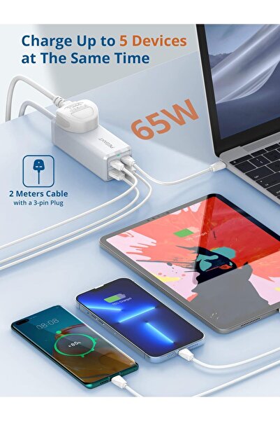 Generic PEGANT 65W 2M Power Extension with 4-Port USB Fast Charger Adapter Universal Plug Socket + 2 USB-C P