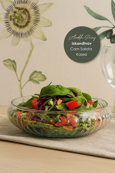 Anadolu Saray Nordic Style Glass Salad Bowl – Transparent Patterned Round Glass Salad Presentation Bowl