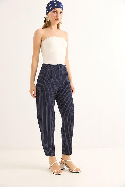 Raneel Kazançlı Alışveriş Belt Double Button Striped Palazzo Trousers Navy Blue