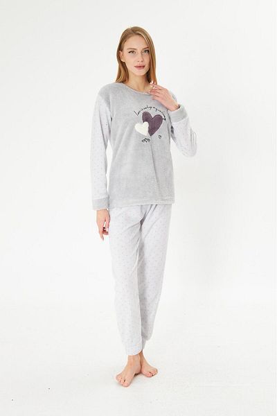 Pajama Shop Women's Grey Heart Pattern Well Soft Soft Textured Winter Long Sleeve Fleece Pajamas Set