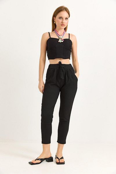 Raneel Kazançlı Alışveriş Tie Detailed Wrinkled Knitted Pants Black