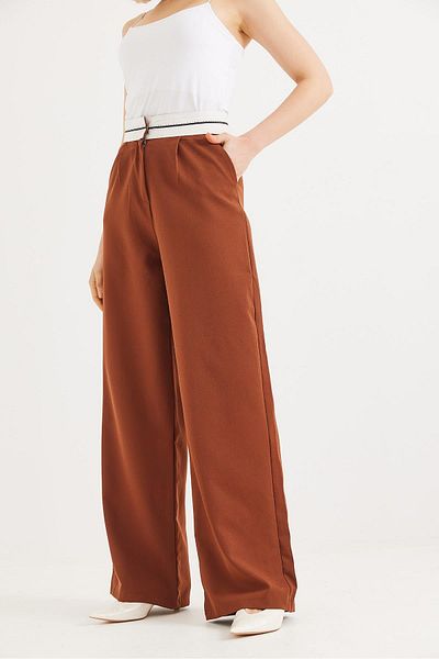 Raneel Kazançlı Alışveriş Wide Leg Trousers with Waist Stripe Brown