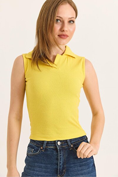 Raneel Kazançlı Alışveriş Shirt Collar Zero Sleeve Camisole Blouse Yellow