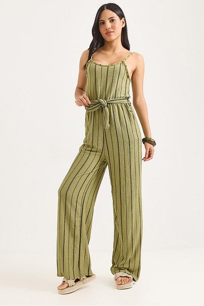 Raneel Kazançlı Alışveriş Women's Jumpsuit with Belt and Pockets Green