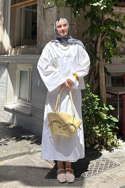 Ceylan Otantik White Organic Linen Wrap Skirt & V-Neck Blouse Set