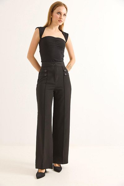 Raneel Kazançlı Alışveriş Button Detailed High Waist Wide Leg Trousers Black