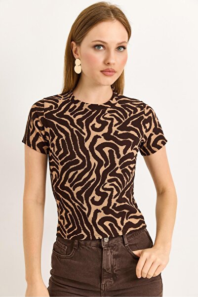 Raneel Kazançlı Alışveriş Zebra Pattern Ribbed Knitted Fabric Brown Blouse