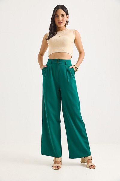 Raneel Kazançlı Alışveriş High Waist Wide Leg Trousers Green