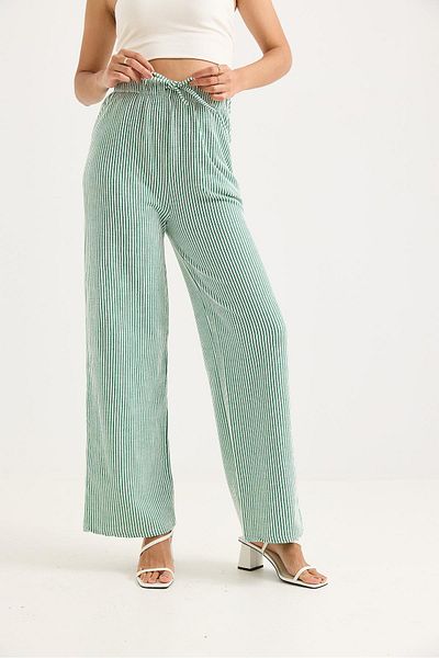 Raneel Kazançlı Alışveriş Waist Tied Wide Leg Line Patterned Trousers Green