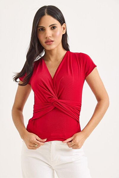 Raneel Kazançlı Alışveriş Double Breasted Collar Cross Tie Detailed Blouse Red