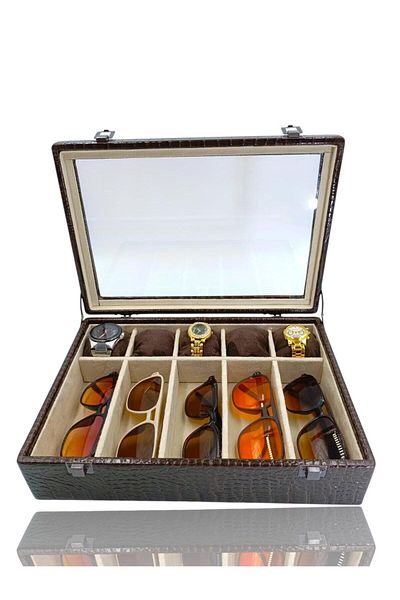 DİJİTAL ÇARŞI MAĞAZACILIK Diji 5 Glasses 5 Watch Box Watch and Glasses Bag Crocodile Coffee Inside Cream Coffee Padded