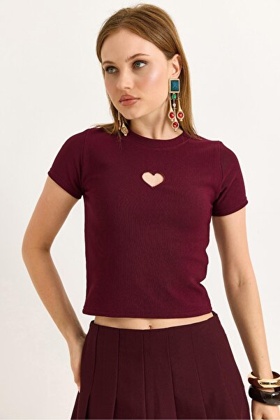 Raneel Kazançlı Alışveriş Heart Detailed Ribbed Knitted Blouse Burgundy