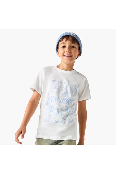 Juniors Graphic Print Crew Neck T-shirt with Short Sleeves