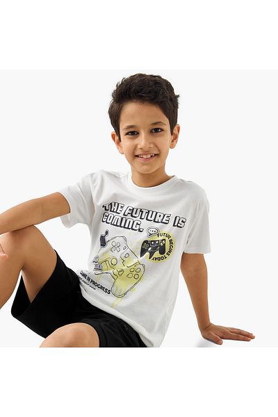 Juniors Gamer Print Crew Neck T-shirt with Short Sleeves
