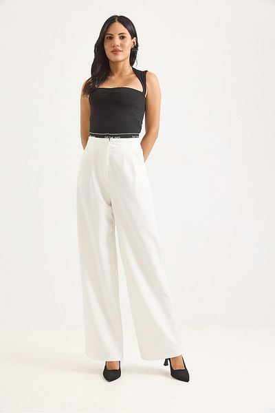 Raneel Kazançlı Alışveriş Wide Leg Belt Garnished Palazzo Trousers White