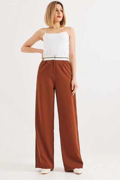 Raneel Kazançlı Alışveriş Wide Leg Trousers with Waist Stripe Brown