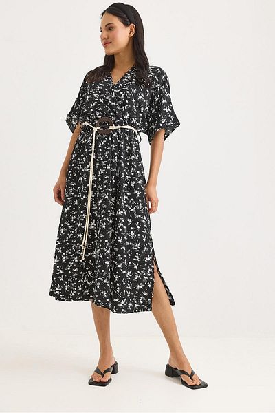 Raneel Kazançlı Alışveriş Belt Detailed Elastic Waist Slit Flared Dress Black