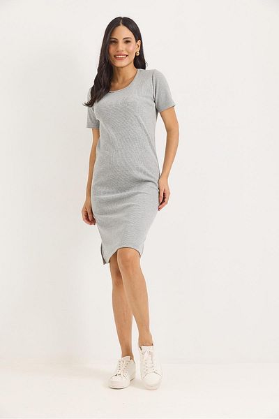 Raneel Kazançlı Alışveriş Short Sleeve Crew Neck Midi Dress with Slit Detail Gray