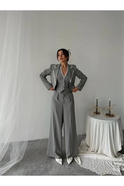 BUTİK ELAJ Women's Guipure Embroidered Polyviscon Gray Jacket Vest Pants Suit