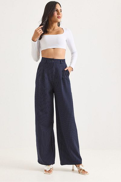 Raneel Kazançlı Alışveriş Striped Patterned Wide Leg High Waist Trousers Navy Blue