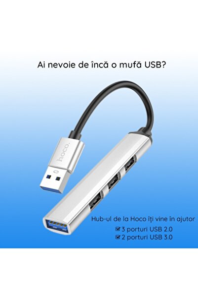 Hoco Hub USB HB26 USB-A la USB-A 3.0, 3xUSB-A 2.0 - Argintiu