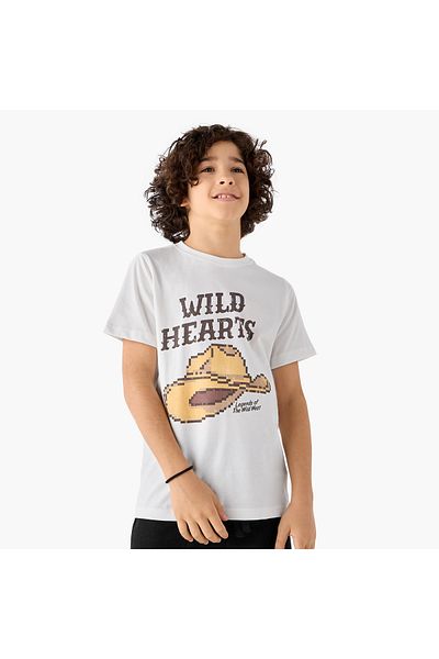 Juniors Graphic Print Crew Neck T-shirt with Short Sleeves