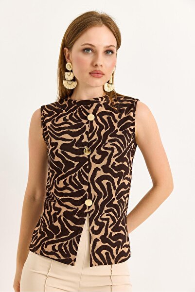 Raneel Kazançlı Alışveriş Crew Neck Gold Buttoned Ottoman Ribbed Blouse Zebra...