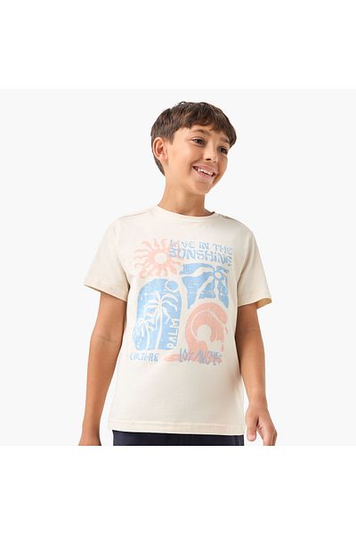 Juniors Graphic Print T-shirt with Crew Neck and Short Sleeves