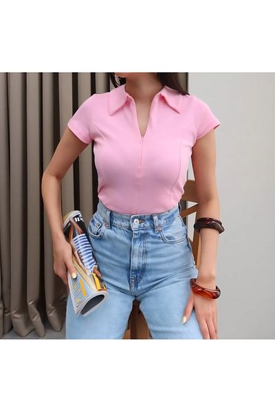 Noa Noa Tricou crop cu mânecă scurtă cu guler cu fermoar ascuns