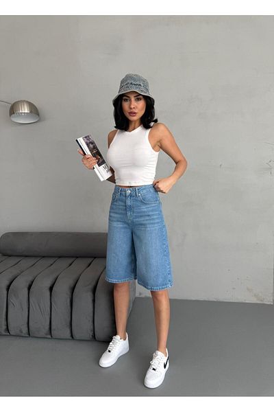 Zeo Basic Pantaloni scurți Bermude din denim MID-LONG MID BLUE pentru damă