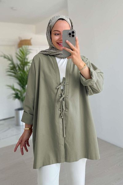 Ka Hijab Μπροστινό δεμένο λινό μπουφάν - Πράσινο Μέντα