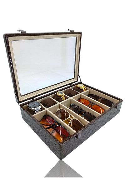 DİJİTAL ÇARŞI MAĞAZACILIK Diji 5 Glasses 5 Watch Box Watch and Glasses Bag Crocodile Coffee Inside Cream Coffee Padded