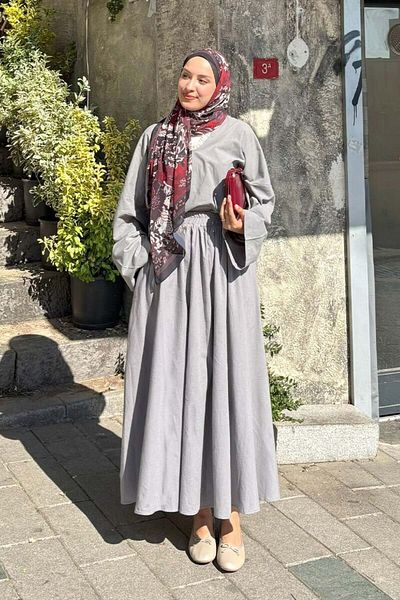 Ceylan Otantik Gray Organic Linen Balloon Skirt & V-Neck Blouse Set