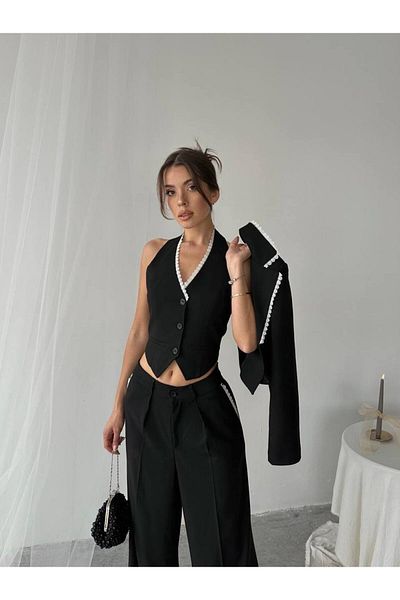 BUTİK ELAJ Women's Guipure Embroidered Polyviscon Black Jacket Vest Pants Suit