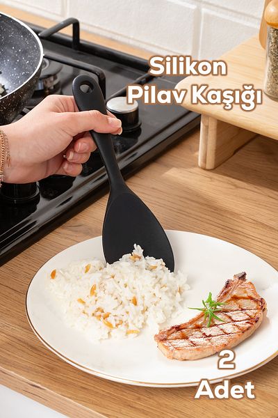Porsima 5262 2 Pieces Hard Tip Silicone Pilaf Spoon Fireproof Non-Stick Anti-Scratch Pilaf Scoop Spoon Black 22 cm