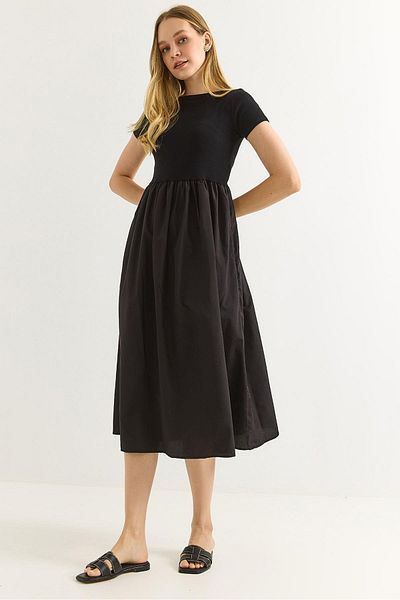 Raneel Kazançlı Alışveriş Garnished Short Sleeve Black Midi Dress