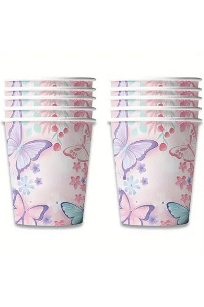 Le Mabelle Pink Butterfly Patterned Set of 8 Plates and Cups