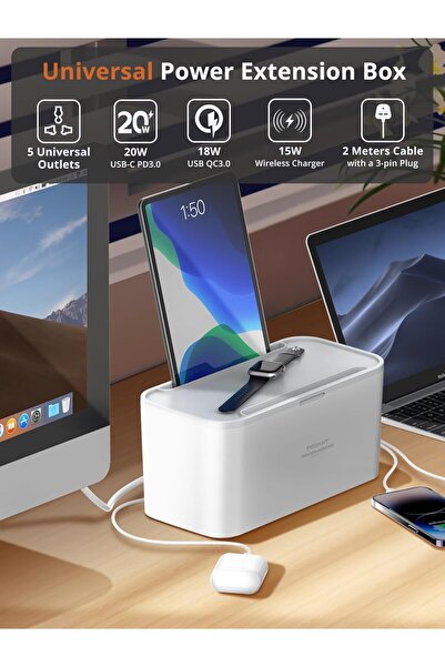Generic PEGANT 5-in-1 Power Extension Cord Organizer Box with 15W Wireless Charger
