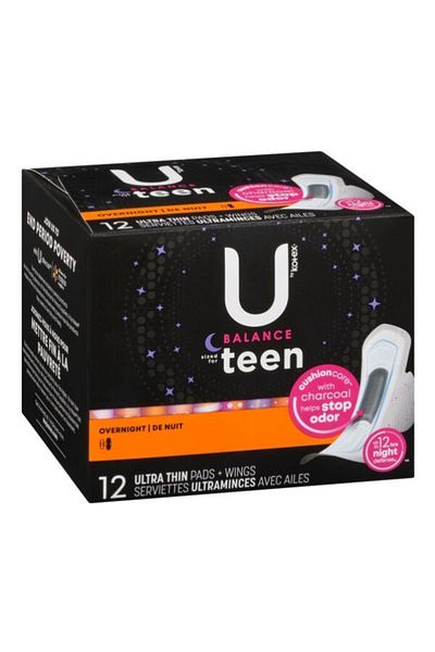 Kotex U By Kotex Ultra Thin Teen Pads with Wings, Overnight Protection, Unscented - 12 Pads