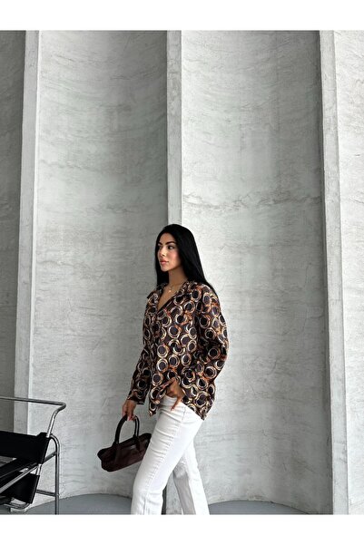 İLKCET MODA Άνετο γυναικείο πουκάμισο με σατέν σχέδιο oversize