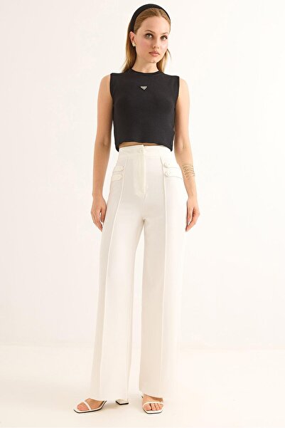 Raneel Kazançlı Alışveriş بنطلون واسع الساق بخصر مرتفع ومفصل باللون الأبيض