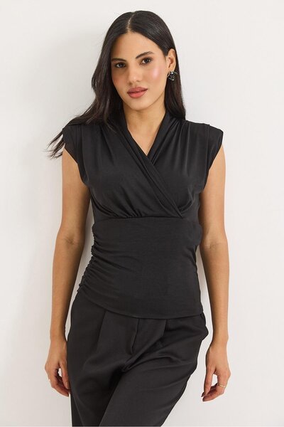 Raneel Kazançlı Alışveriş Double Breasted Collar Padded Zero Sleeve Blouse Black