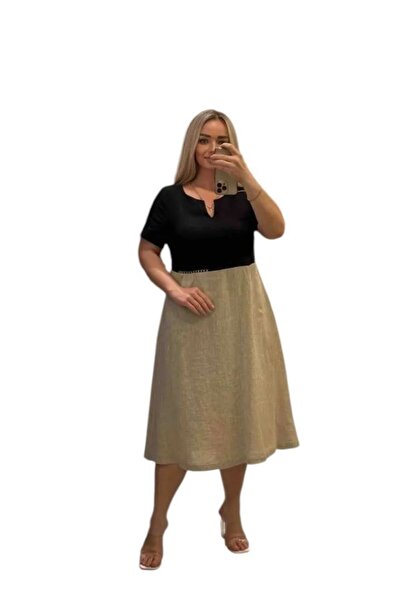 TESSY KADIN BÜYÜK BEDEN NAKIŞ İŞLEMELİ KETEN ELBİSE