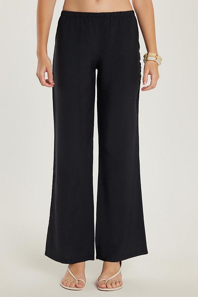 Tudors Women's Regular Fit Elastic Waist Modal Wide Leg Black Trousers